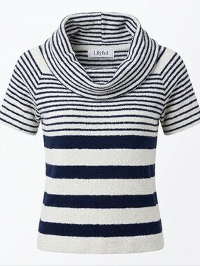Lilyful Navy Ivory Striped Chenille Cowl Neck Sweater Medium